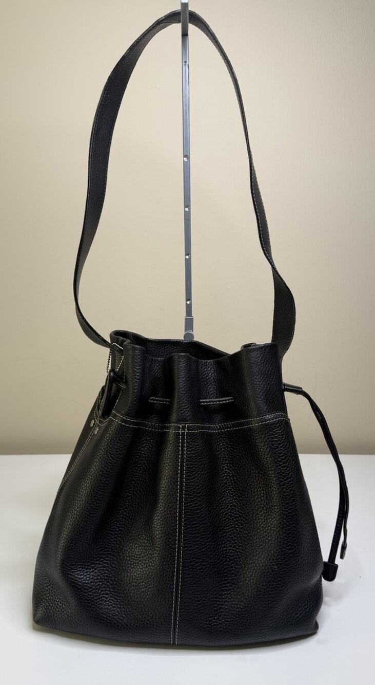 Bandolino Drawstring Bucket Hobo Black Pebbled Leather Lined Shoulder Bag